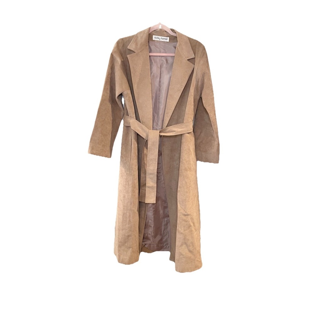 Vintage 70s Women's S/M Tan Trench Coat Lightweight Tan Suede Lined Belted